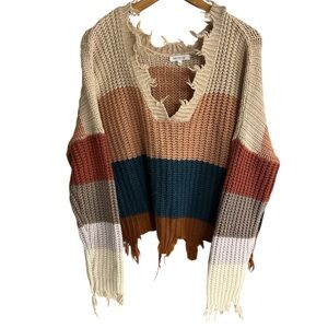 Miracle Colorblock Distressed V-Neck Sweater